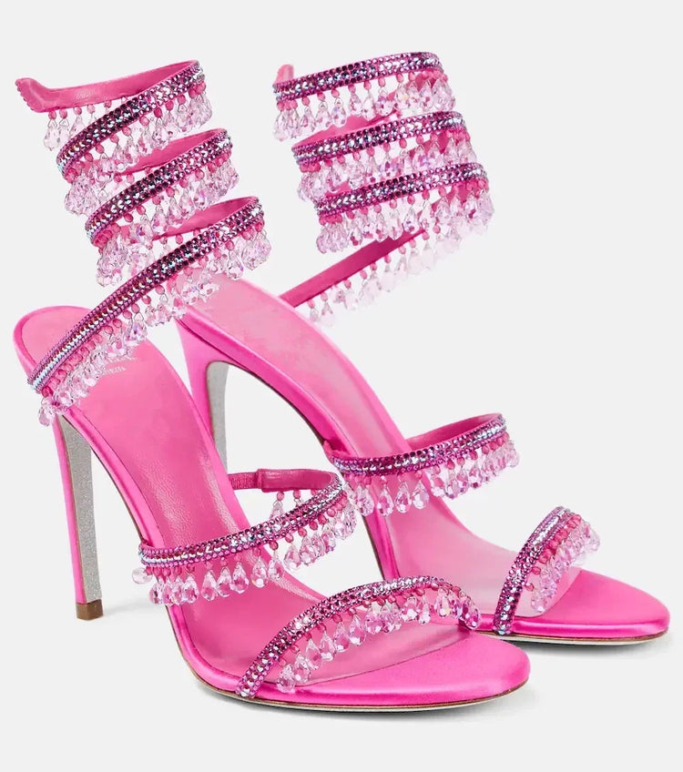 2026Women's New Water Diamond Sandals Fashion Tassel Crystal Shoes Sexy Banquet Party Twin Stiletto Women's Large Sandals