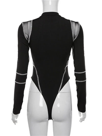 2025 Women Sexy Mesh Patchwork Letter Print Bodysuit Fashion Balck Patchwork Long Sleeve O-Neck Fitness Tops Wild Streetwear