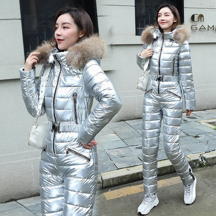 Jumpsuits One Piece Ski Suit Winter Thicken Snow Place Down Cotton Women Suits Warm Hooded Waist Slim Shiny Outdoor Sports
