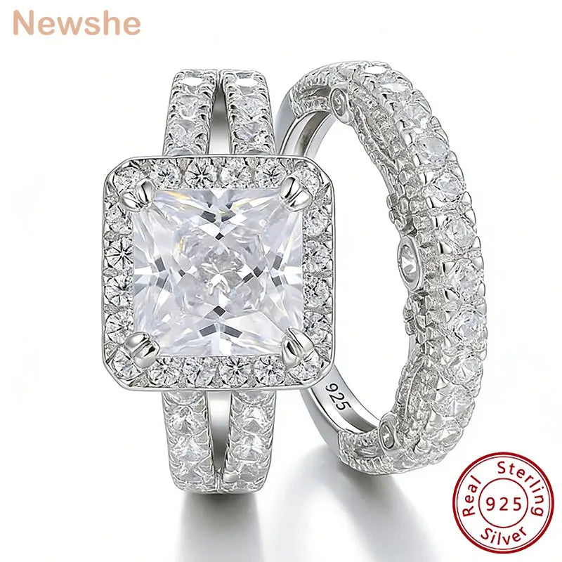 Newshe 2Pcs Solid 925 Sterling Silver Wedding Rings for Women Bridal Set 8*8mm 3CT Princess Cut 5A Cubic Zircon Fine Jewelry