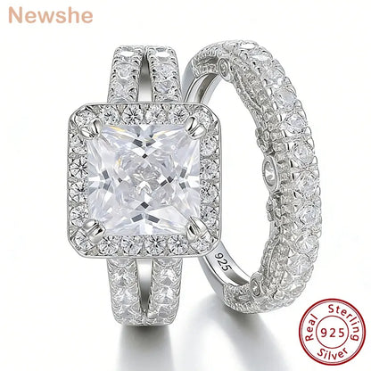 Newshe 2Pcs Solid 925 Sterling Silver Wedding Rings for Women Bridal Set 8*8mm 3CT Princess Cut 5A Cubic Zircon Fine Jewelry