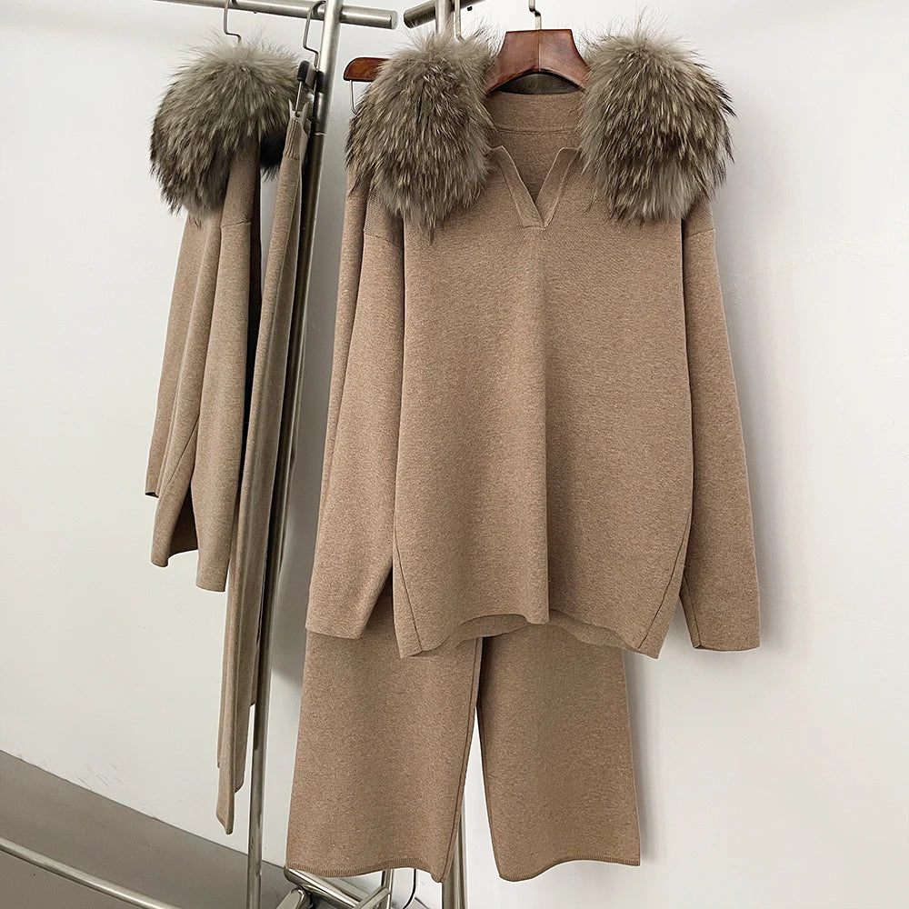 Reality Fur Jacket Pullover Set Woman Spring Knitted Suit Knitwear Female Real Fox Fur Collar Sweater Lady Autumn Knitted New