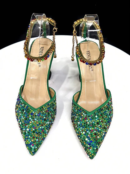 Vemus Chan 2026 New Shiny Italian Fashion Women’s Pointed Toe Heels with Rhinestone Detailing & Matching Green Color Bag Set
