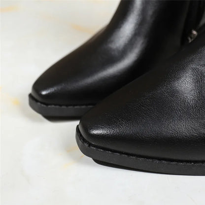Retro Belt Buckle Women Short Ankle Boots Plus Size 43 Autumn Zipper Soft Leather Square Heel Ladies Pointed Toe Party Shoes New