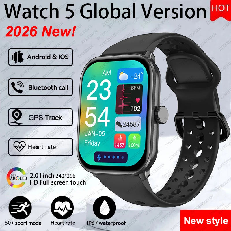 New Watch 5 Sports Smart Watch Men Women 2.01" AMOLED Screen Fitness Tracker Heart Rate ECG Waterproof GPS Track Call Smartwatch