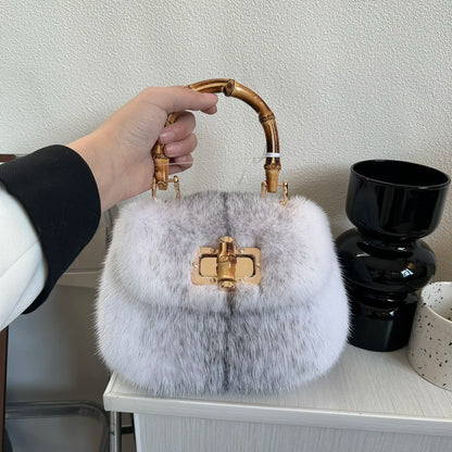 Fur Women's Mink Fur Bag Luxury Warm Plush Wrist Bags  Women Fashion Furry Short Handle Clutch Cute Ladies Fur Bags For Women