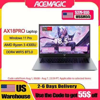 18.5" Laptop 16GB RAM 512GB SATA SSD AMD Ryzen 3 4300U Laptop Computer 1080 FHD Display for Business&Students 7000Mah Battery
