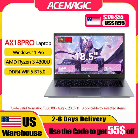 18.5" Laptop 16GB RAM 512GB SATA SSD AMD Ryzen 3 4300U Laptop Computer 1080 FHD Display for Business&Students 7000Mah Battery