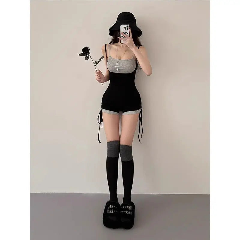 American Style Street Hot Girl Sexy Suspender Jumpsuit Shorts Color Blocked Fake Two-piece Design Sense Fitness Yoga Jumpsuit
