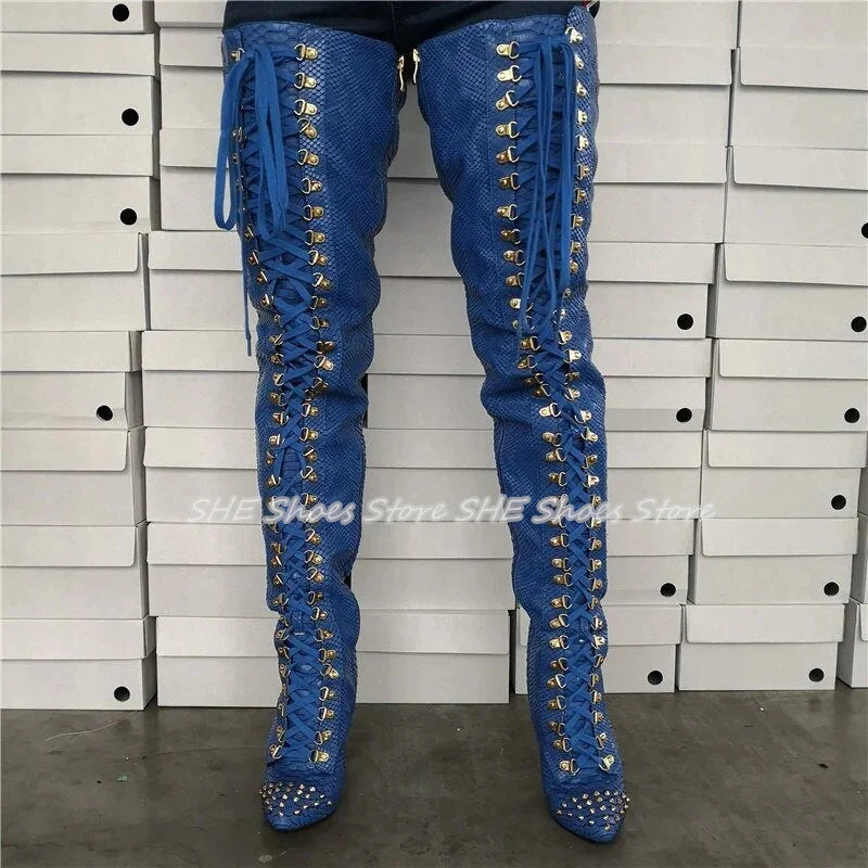 Fashion Rivets Design Women Over-The-Knee Boots Pointed Toe High Heel Trouser Lace-Up Boots Lady Party Dress Long Boots