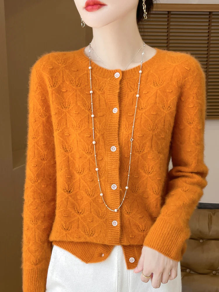 New Autumn Winter Soft Warm Cardigan Woman Cashmere Sweater O-neck Women 100% Merino Wool Sweater Loose Fit Hollow out Top Coat
