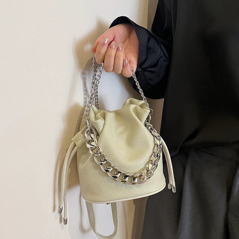 100% Genuine Leather Women Shoulder Crossbody Bags High Quality Solid Color Cow Leather Bucket Handbag Luxury Female Sac