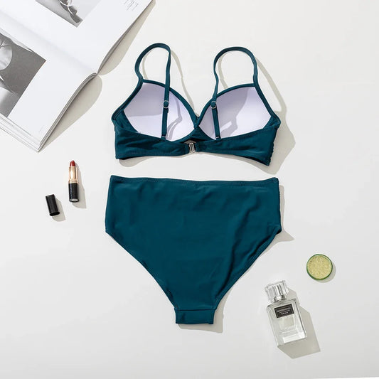 Z-LAI New High Waist Bikini 2024 Women's Sexy Swimsuit Halter Bikini Set  Solid String Bathing Suit  Push Up Swimwear Bodysuit