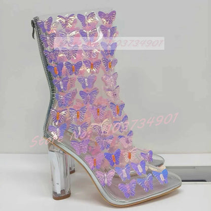 Clear Butterfly Pointed Toe Mid Calf Boots Women Sweet Party Back Zipper Pvc Block High Heels Shoes Female Elegant Fashion Boots