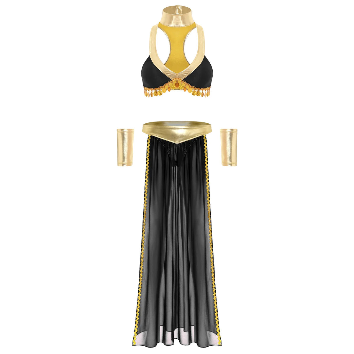 Women Ancient Egyptian Queen Cosplay Outfits with Collar Crop Top with Chiffon Skirt Metallic Shiny Indian Belly Dance