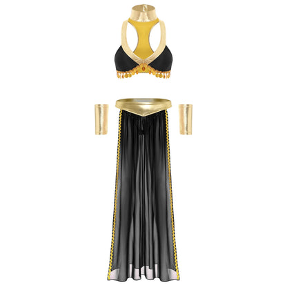 Women Ancient Egyptian Queen Cosplay Outfits with Collar Crop Top with Chiffon Skirt Metallic Shiny Indian Belly Dance