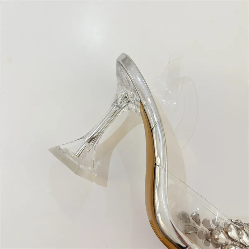 Liyke 2026 New Gold Silver Diamond Rivet Pointed Toe Slingback Sandal Women Pumps Sexy Clear High Heels Wedding Party Prom Shoes
