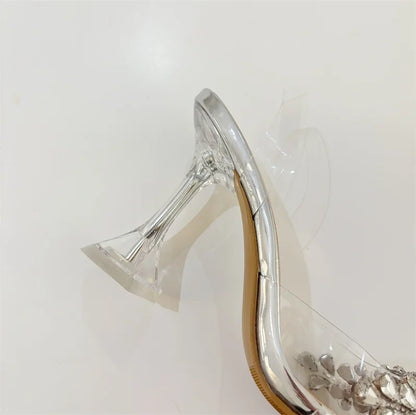 Liyke 2026 New Gold Silver Diamond Rivet Pointed Toe Slingback Sandal Women Pumps Sexy Clear High Heels Wedding Party Prom Shoes