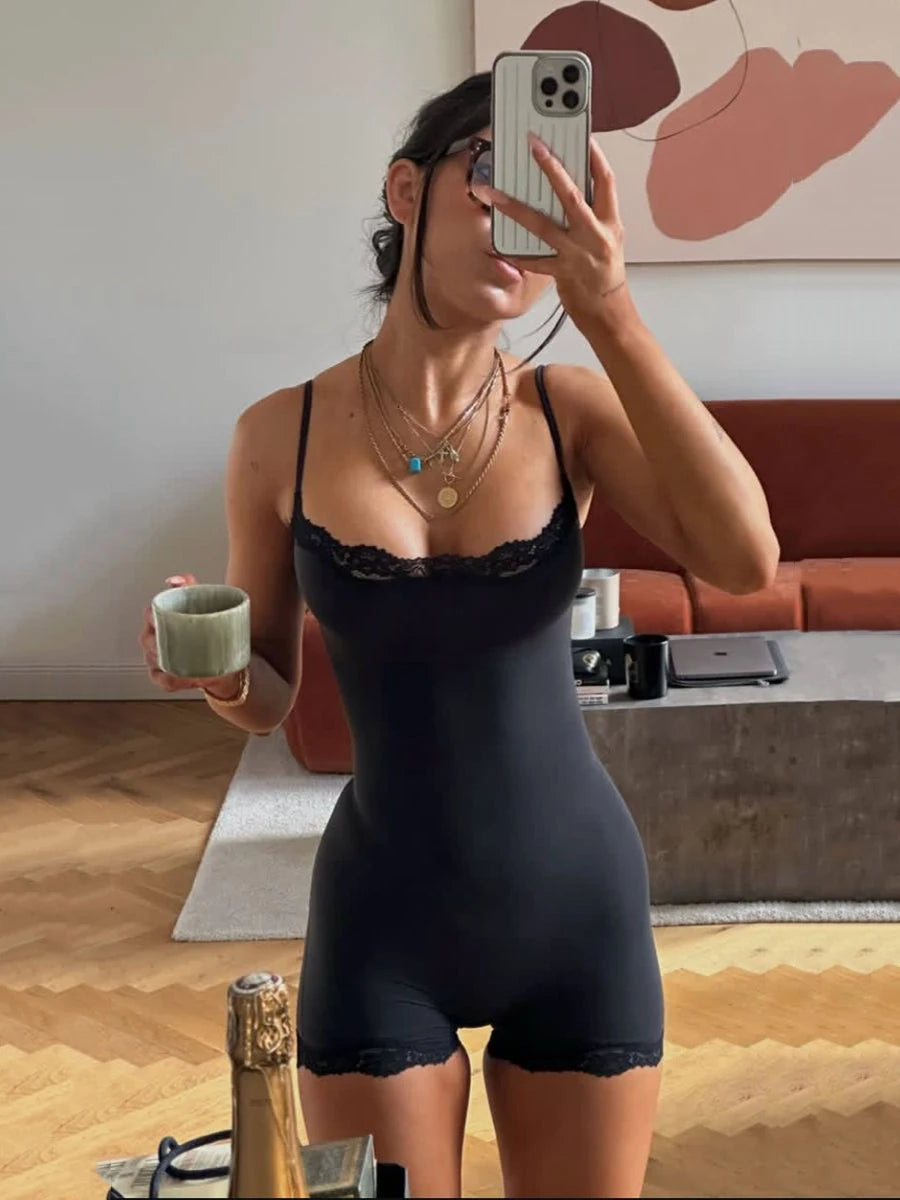 Lace Trim Slim Playsuits Woman High Elasticity Adjustable Strap Skinny Bodysuit Solid Fashion Streetwear Smooth One-piece Tops