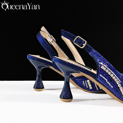 Queena Yan 2026 Elegant Nigerian Women's Royal Blue Only Shoes or with Rhinestone Handbag Set - Italian Design for Weddings