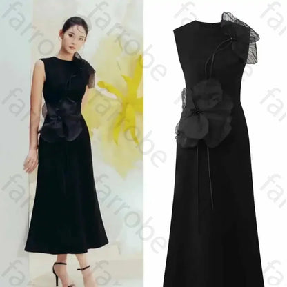 Customized Black Exquisite Evening Dress Flower Beading Ruched A-line Sleeveless Bespoke Occasion Gown Midi Dresses Party Gowns