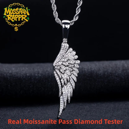 MossanRappr Sparkling Moissanite Iced Out Angel Wing Pendant 14K Gold Plated Trendy Hip Hop Necklace Jewelry Gifts for Men Women