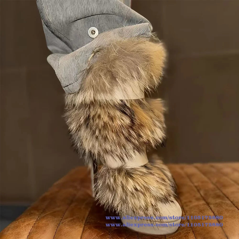Brown Faux Fur Ankle Boots Belt Buckle Stiletto Heels Platform Zipper Women Shoes Novelty Designer Boots Party Botas Mujer
