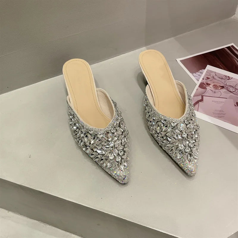 Luxury Rhinestone Sandals Women Slingback Slippers Female Fashions Low Heel Flip-flops Shiny Pointed Pumps Women Mules Slippers