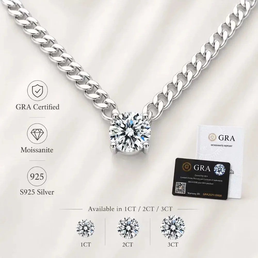 S925 Silver Round Moissanite Necklace 40+5cm Cuban Chain Pendant With Selected GRA Option Anniversary Gift Jewelry