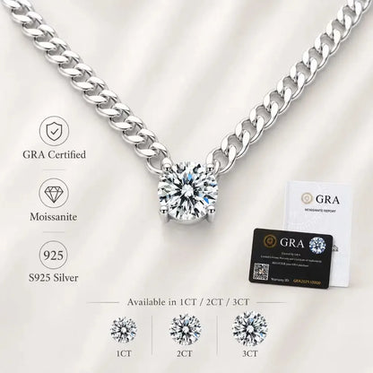 S925 Silver Round Moissanite Necklace 40+5cm Cuban Chain Pendant With Selected GRA Option Anniversary Gift Jewelry