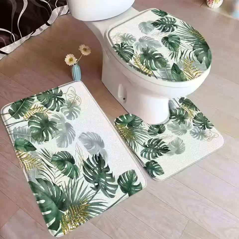 VIKAMA Tropical Leaves Bath Mat Set Palm Leaf Monstera Green Plants Home Carpet Flannel Bathroom Floor Rugs Toilet Lid Cover