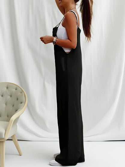 Summer Casual Suspender Jumpsuit for Women, Loose Thin Drapey Wide-Leg Pants, Simple Versatile Sleeveless Overalls, Vacation Style Women's Clothing