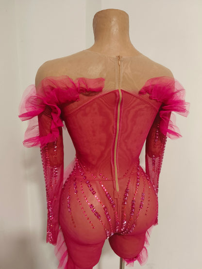 Luxury Rhinestone Mesh Bodysuit Ruffle Frill and Asymmetrical Design Formal Events Photoshoots Stage Performance Party Outfit
