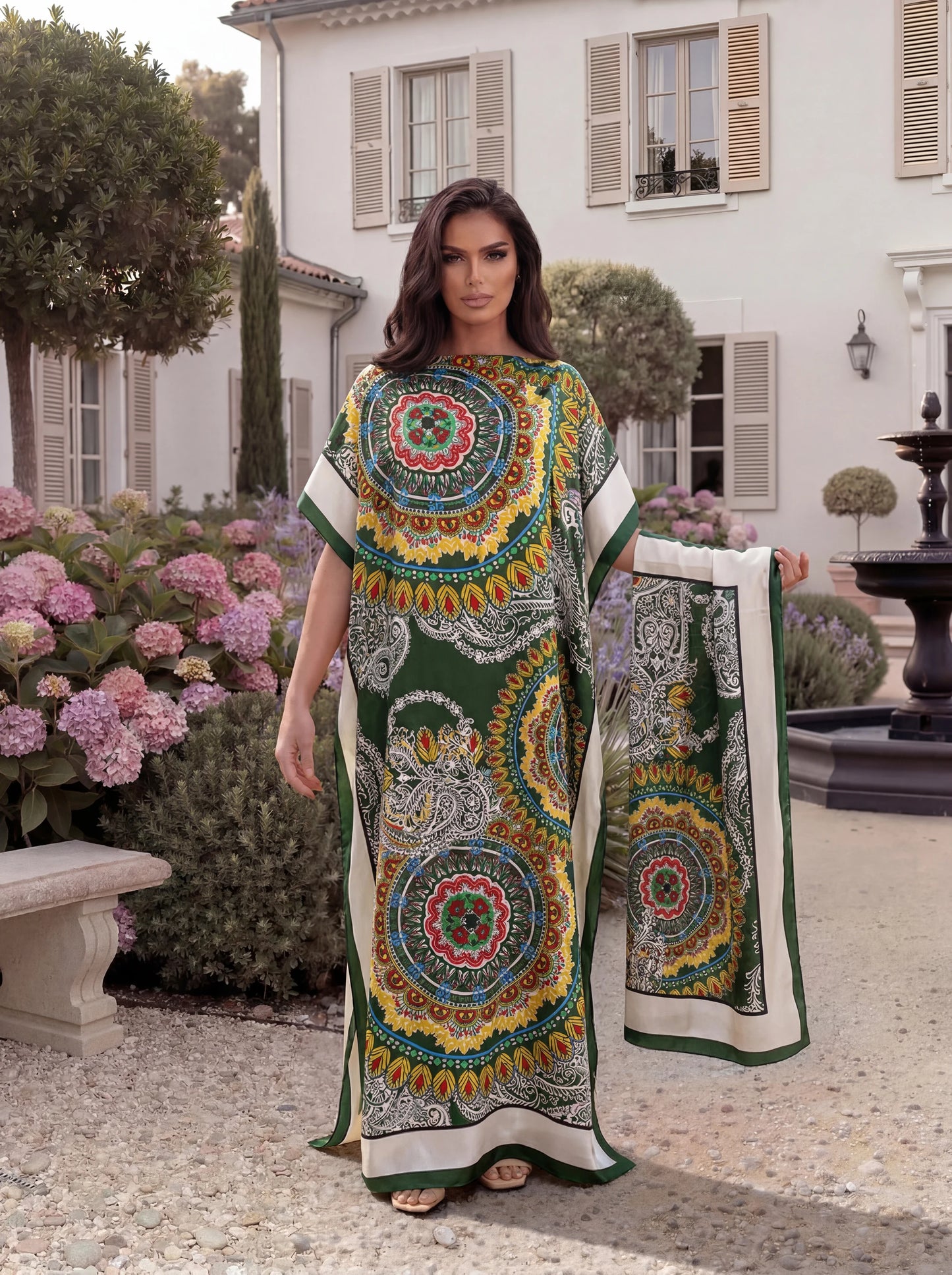 Boho Mandala Paisley Print Satin Abaya Scarf Set, Loose Batwing Maxi Kaftan For Muslim Women Summer Beach Vacation Wear