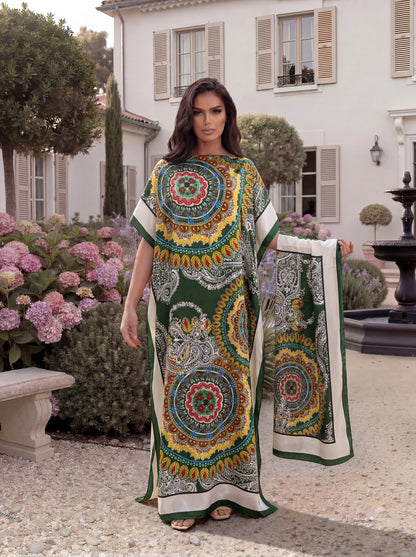Boho Mandala Paisley Print Satin Abaya Scarf Set, Loose Batwing Maxi Kaftan For Muslim Women Summer Beach Vacation Wear