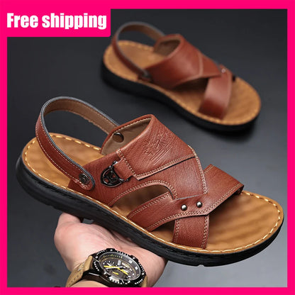 Mens Slippers 2026 New Summer Breathable Outdoor Non Slip Thick-soled Beach Shoes Leather Comfortable Casual Driving Sandals Man
