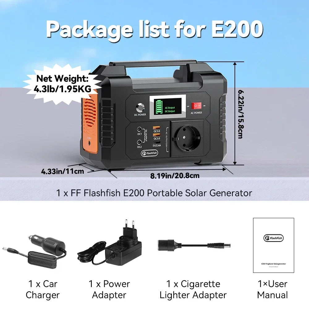 For E200 Portable Power Station Battery Supply Solar Charge Solar Generator AC DC Outdoor Camera Drone Power 200W 151WH