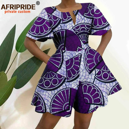 2026 African Clothes for Women Short Sleeve High Waist Print Jumpsuit Casual Cotton Summer Outfits Rompers Playsuits A2329001