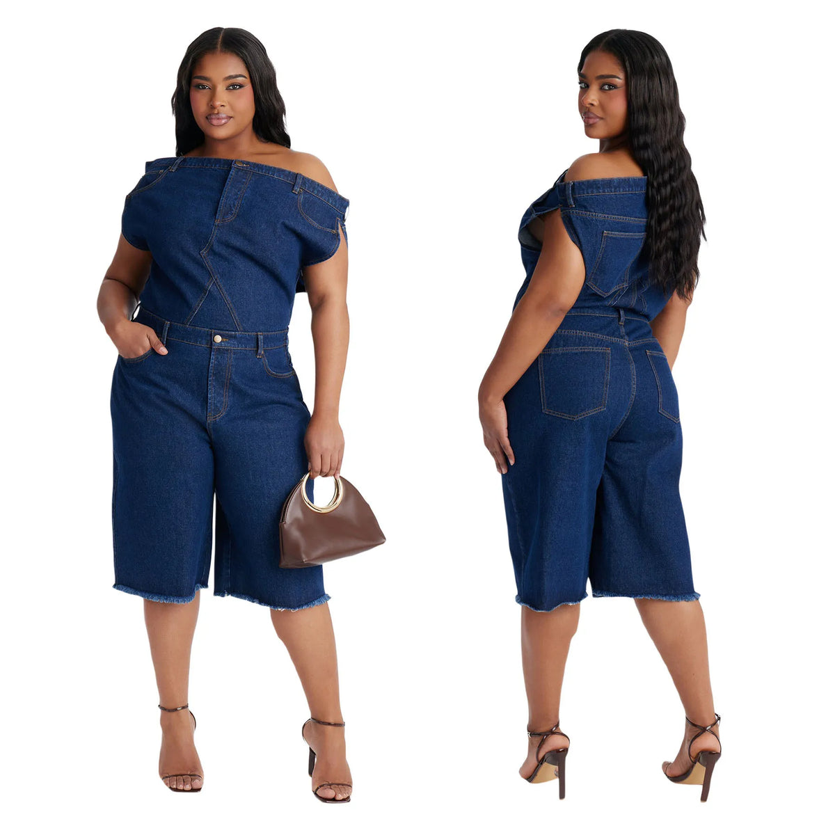 Jumpsuits Women Denim One Piece Short Sleeve Overalls Knee Length Pants Tight Waist Rompers Y2k Streetwear Slash Neck 2026