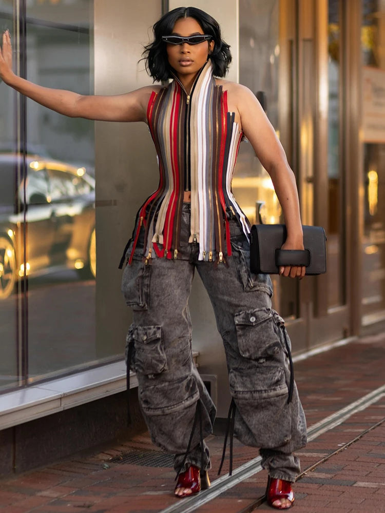Whatiwear Hip-Hop Style Tank Tops Woman Colorful Stripe Halter Multiple Zip Design Bandage Backless Irregular Hem Street Vests