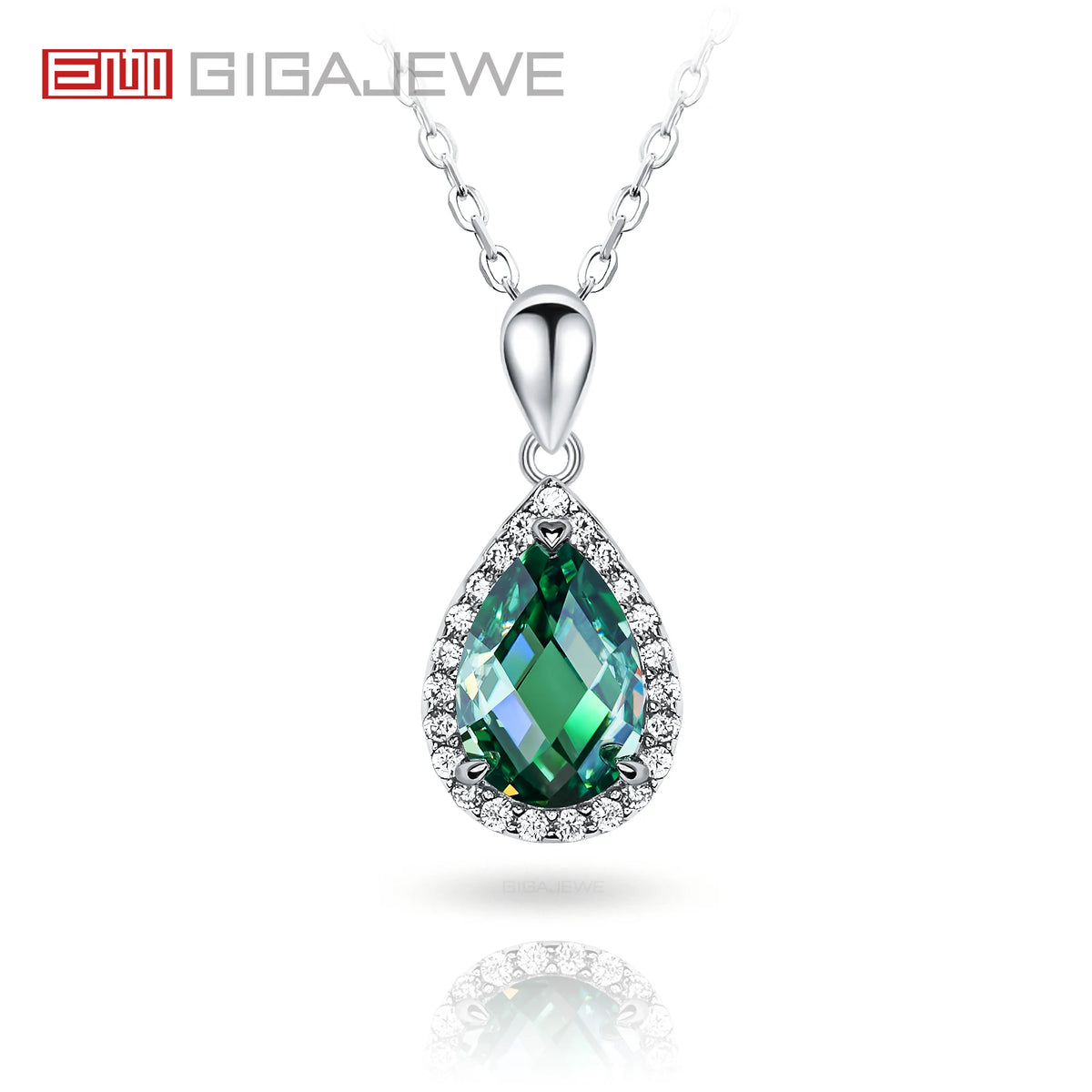 GIGAJEWE Moissanite Pear Cut Natural Green Color 3.0ct 7X10mm 18K White Gold Plated Silver Engagement Necklace Woman Girl Gift