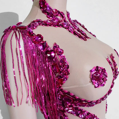 Sexy See-through Glitter Red Crystal Fringe Bodysuit High Elasticity Drag Queen Costume Festivals Outfit NightClub Dance Outfits
