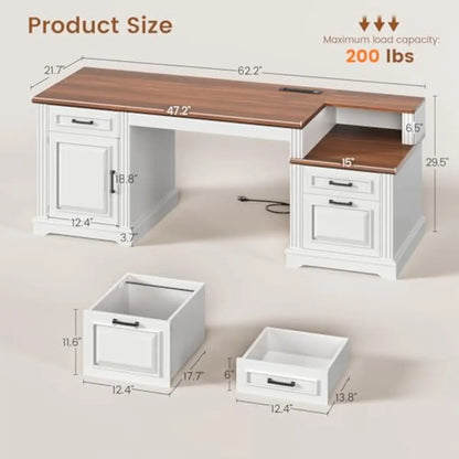 Farmhouse Executive Desk 62 Inch Wide with Integrated Power Hub 4 AC Outlets 2 USB Ports Spacious Work Surface 21.7 Depth 29.5 H