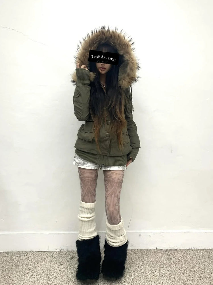 Women's Daily Commute Army Green Thicken with Fur Collar Warm Design Cardigan for Winter Harajuku Japanese Style Simple Jackets