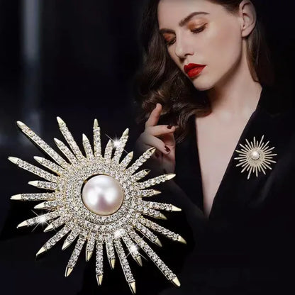 New Full Rhinestone Sun Flower Brooches For Women Luxury Big Pearl Brooch Pins Jewelry Dress Suit Accessories Wedding Gifts