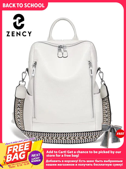 Zency Fashion Genuine Leather Backpack Knapsack Multi-pocket Day Pack Travel Convertible Shoulder Bag for Fall Winter Commuter