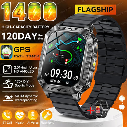 2026 New Outdoor GPS Smart Watch 1400mAh High Capacity Battery 2.01" Sapphire Screen 10ATM Waterproof Dual-color Lamp Smartwatch