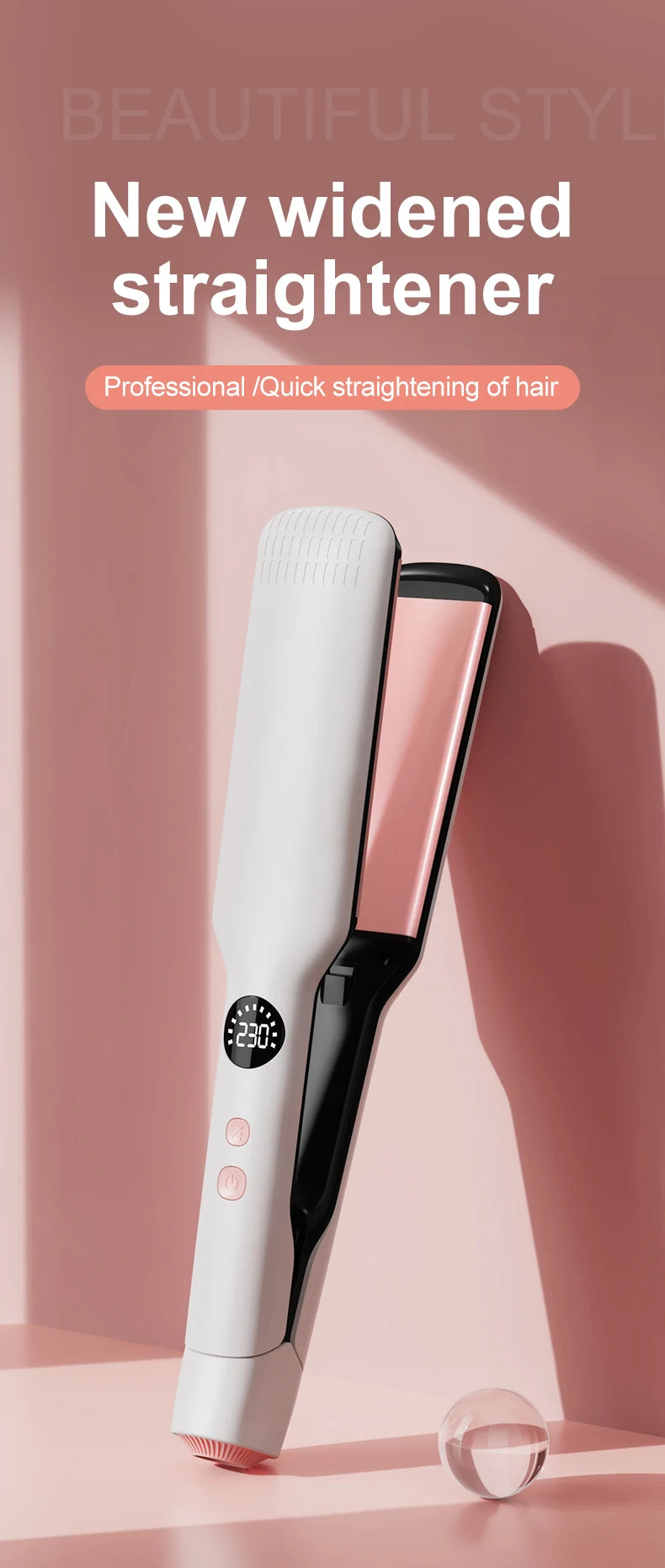 Professional Hair Straightener with Oil Coating Wide Plates–60W Fast Heating,Care for Frizzy,PTC Technology for Smooth Styling