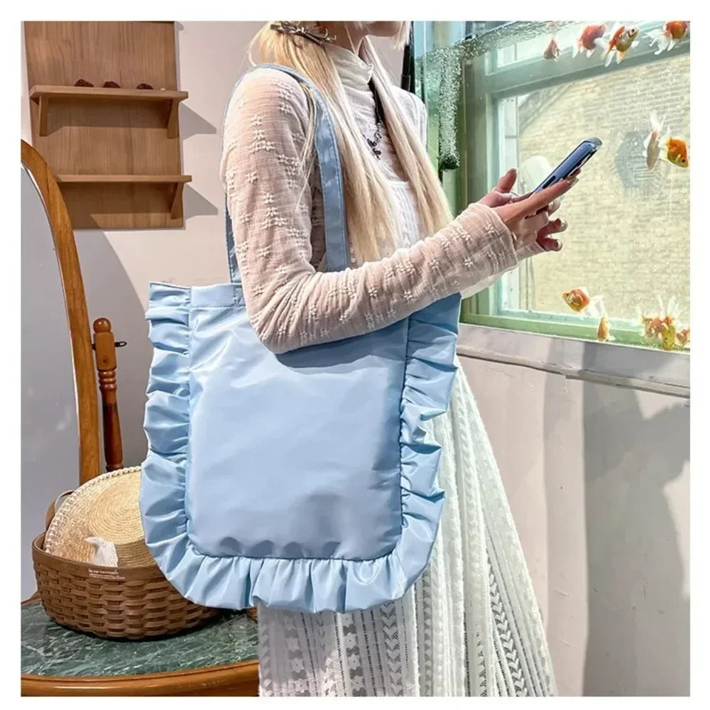 New Elegant Vintage Women Casual Tote Bags French Style Ruffles Shoulder Bag Large Capacity Versatile Handbag