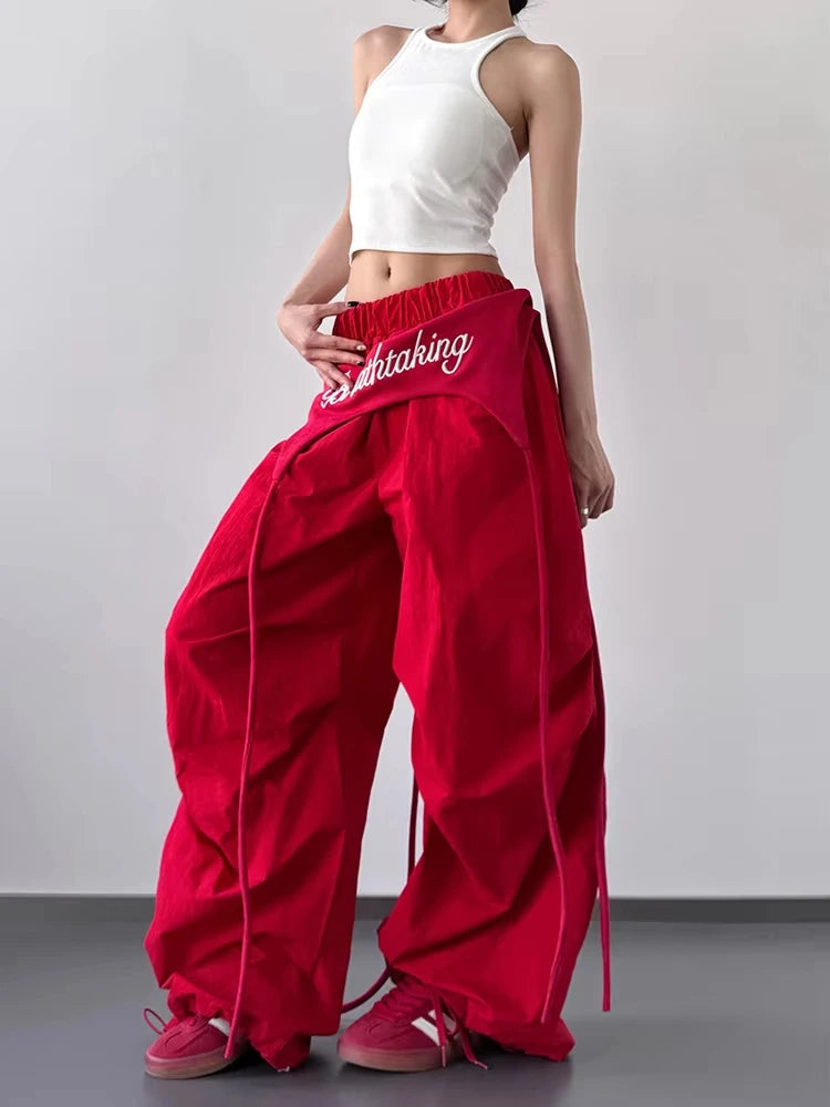 Women Y2K Wide Leg Cargo Pants 2026 Spring Cross-layer Straps Casual Hip Hop Dance Streetwear Trousers Baggy Vintage Fashion